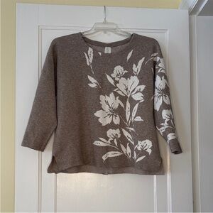 Joie 1X Floral Sweater | Plus Size Brown Knit | Faux Button Back | Boho Chic
